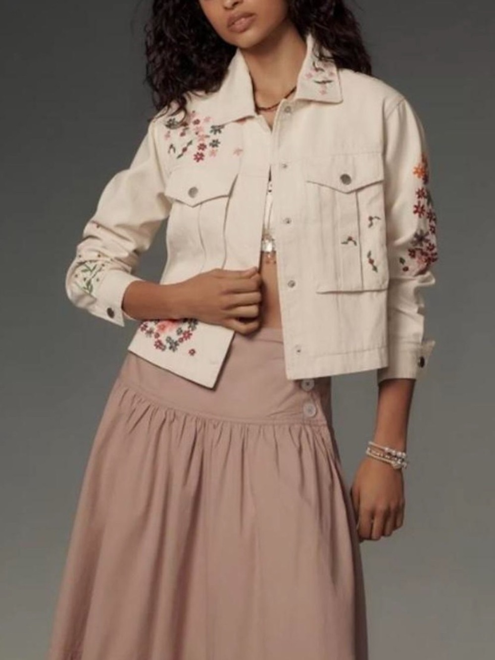 Anthropologie Dolan Floral Embroidered Twill Denim Jacket Cream Boho Size xL